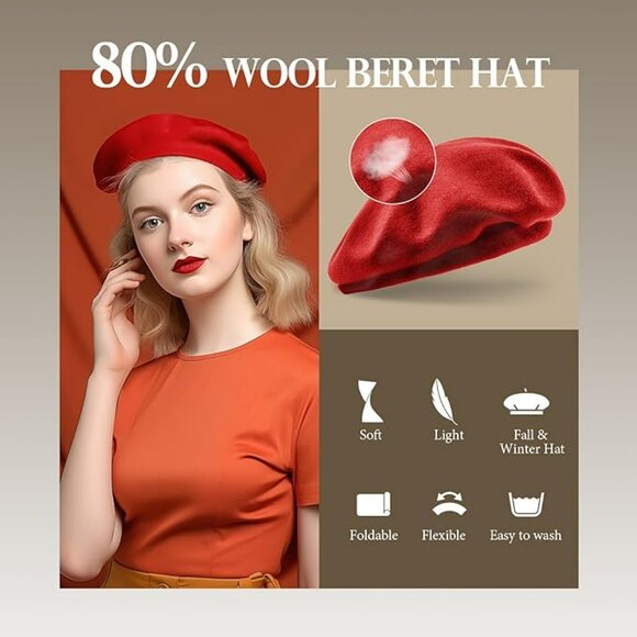 JEICY Red Wool French Beret Hat for Women – Classic Lightweight Beret with Scarf - Picture 5 of 7